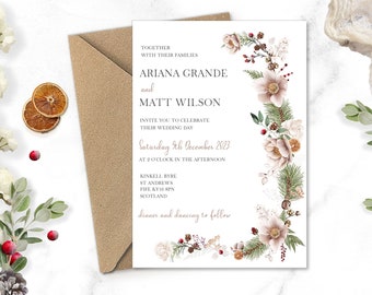 Cascading Boho winter wedding invitations, Christmas wedding invitation, Natural Wedding, December wedding, Festive wedding invites