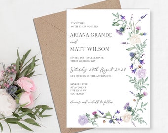 Cascading Scottish thistle wedding invitations, Thistle wedding invitations, Scottish wedding, Castle wedding invites, Thistle and roses