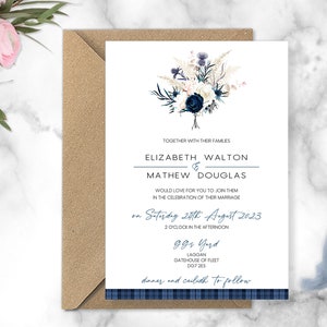 Wild Thistle Bouquet Scottish Wedding Invitations, Blue Tartan wedding invitation, Navy Blue wedding, elegant Wedding, Castle wedding image 2