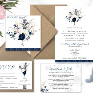 Wild Thistle Bouquet Scottish Wedding Invitations, Blue Tartan wedding invitation, Navy Blue wedding, elegant Wedding, Castle wedding image 1