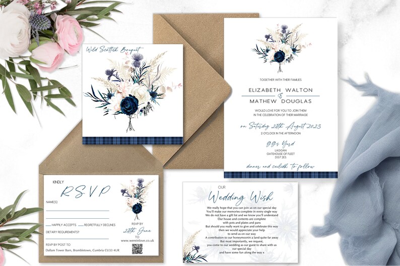 Wild Thistle Bouquet Scottish Wedding Invitations, Blue Tartan wedding invitation, Navy Blue wedding, elegant Wedding, Castle wedding image 1