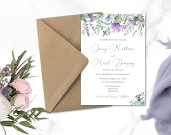 Scottish thistle wedding invitations, purple heather wedding invitation, Scottish wedding, Castle wedding, purple wedding, eco friendly