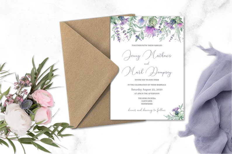 Scottish thistle wedding invitations, purple heather wedding invitation, Scottish wedding, Castle wedding, purple wedding, eco friendly image 1