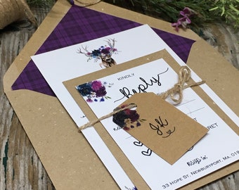 Stag wedding invitations with purple tartan, blue tartan wedding invites, Scottish wedding, Thistle wedding invitation, rustic scottish