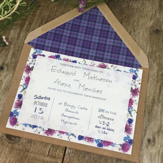 Scottish Wedding Invitations Purple Blue Tartan And Thistles Etsy