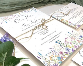 Wildflower seed paper wedding invitation, plantable wedding invitations, colourful wedding, sustainable wedding, eco friendly, rustic invite