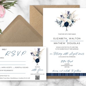 Wild Thistle Bouquet Scottish Wedding Invitations, Blue Tartan wedding invitation, Navy Blue wedding, elegant Wedding, Castle wedding image 4