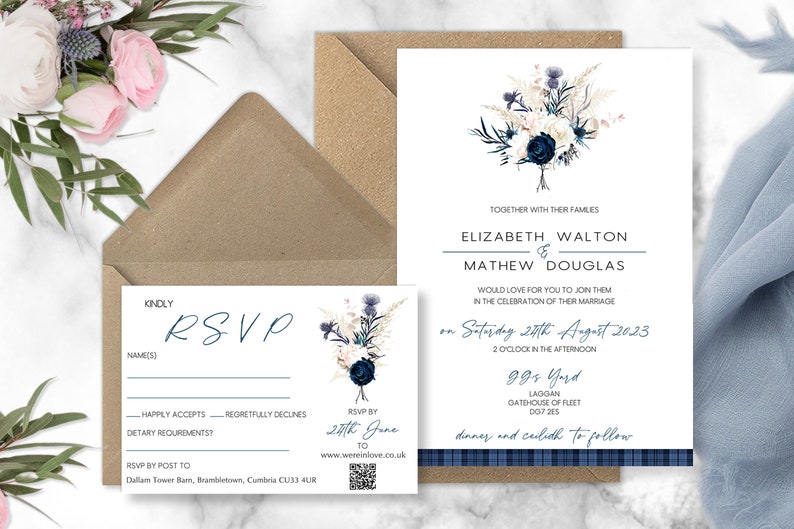 Wild Thistle Bouquet Scottish Wedding Invitations, Blue Tartan wedding invitation, Navy Blue wedding, elegant Wedding, Castle wedding image 4