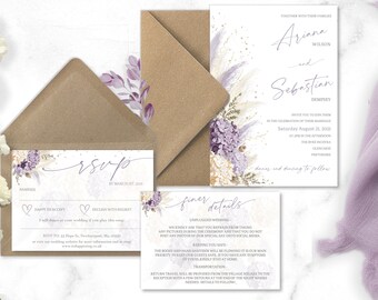 Pampas grass wedding invitation, mauve and lilac wedding invitations, purple wedding invitation set, boho wedding UK, rustic wedding