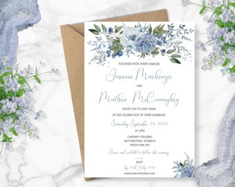 Whimsical Blue wedding invitations, Blue denim and Navy wedding invitation,  rustic wedding invites, dusty blue wedding invitation