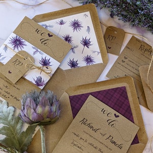 Abstract Purple thistle Scottish wedding invitations, Kraft wedding invitation, eco friendly wedding, thistle wedding invites, sustainable image 1