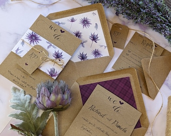 Abstract Purple thistle Scottish wedding invitations, Kraft wedding invitation, eco friendly wedding, thistle wedding invites, sustainable