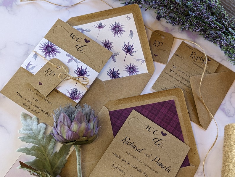 Abstract Purple thistle Scottish wedding invitations, Kraft wedding invitation, eco friendly wedding, thistle wedding invites, sustainable image 1