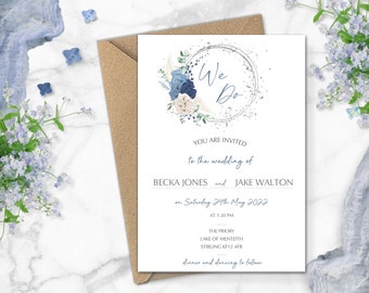 Blue vintage wedding invitations, Dusty blue wedding invitation, Navy and Cream wedding, rustic wedding, UK, Blue and Silver wedding