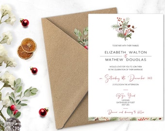 Winter Wedding Invitations, Christmas wedding invitation, red and green, xmas wildflowers, festive wedding, elegant Christmas, snowy