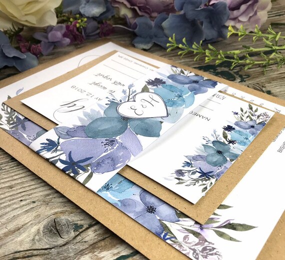 Dusty Blue And Navy Wedding Invitations Floral Wedding Etsy