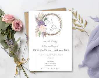 Boho Lilac and Lavender, Eco friendly wedding, Greenery wedding invitations, Green and Cream wedding