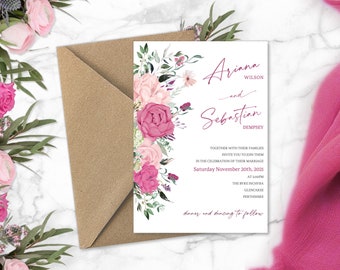 Hazy Raspberry Rose wedding Invitation, Berry wedding invitations, Pink wedding invites, Raspberry wedding stationery, garden wedding, eco