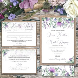 Scottish thistle wedding invitations, purple heather wedding invitation, Scottish wedding, Castle wedding, purple wedding, eco friendly image 2