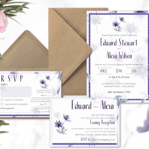 Scottish wedding invitations Purple Blue Thistles and tartan wedding stationery
