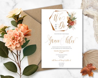 Rust and Greenery wedding invitations, Copper and orange wedding invitation, Pampas wedding, Barn wedding, rustic wedding, autumn wedding