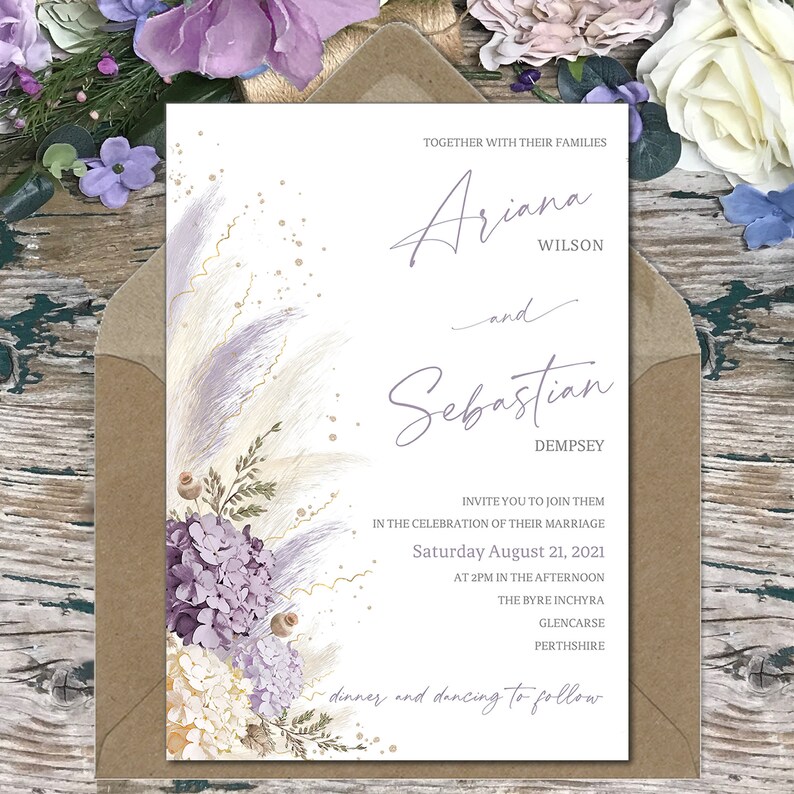 Pampas grass wedding invitation mauve and lilac wedding invitations purple wedding invitation set boho wedding UK rustic