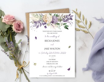 Whimsical Lavender wedding invitations, Purple wedding invitations, rustic wedding invites, sustainable wedding, Budget Wedding