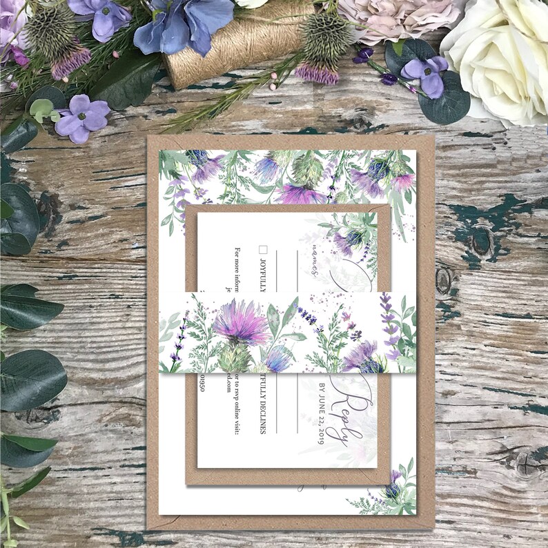 Scottish thistle wedding invitations, purple heather wedding invitation, Scottish wedding, Castle wedding, purple wedding, eco friendly image 4