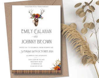 Scottish Autumn wedding invitations, Fall wedding, Tartan wedding invitation, Orange wedding, rustic wedding, Rust wedding, Stag invites