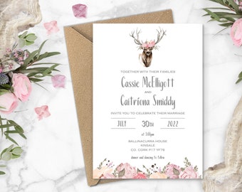 Stag Wedding Invitation, Dusty Pink Wedding Invitations, Countryside Wedding, Rustic Wedding, Barn Wedding, Scottish Wedding, Eco Friendly