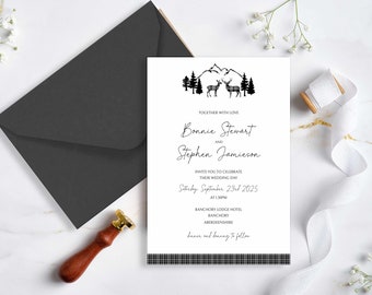 Black and White Wedding Invitations with Scottish Stag and Tartan Wedding Invitation