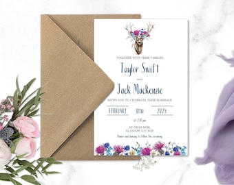 Thistle and Stag Wedding Invitations - Scottish wedding invitations, Scotland Wedding, Thistle invitations