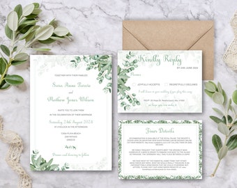 Mediterranean Sage Green Wedding Invitations, Eucalyptus, Eco friendly wedding, Greenery wedding invitations, Sustainable wedding