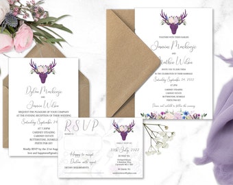 Tartan Stag wedding invitation, Scottish wedding invitations, tartan wedding stationery, Thistle wedding invites, Purple tartan wedding