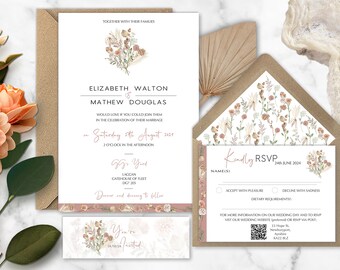 Simply Neutral Wedding invitations, earthy invitation, boho wedding, whimsical wedding, Wildflower invites, Natural sustainable wedding, eco