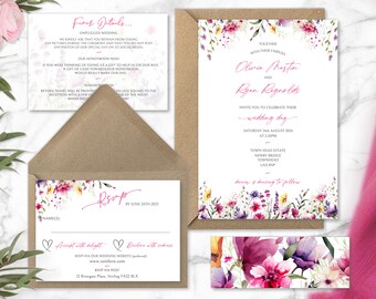 Bold and Beautiful, colourful wedding invitations, magenta wedding invitation, wildflower wedding, bright wedding invites, whimsical wedding