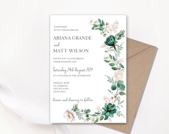 Cascading Emerald green wedding Invitations, Green and white wedding, Trending wedding colours, organic wedding, whimsical design, elegant