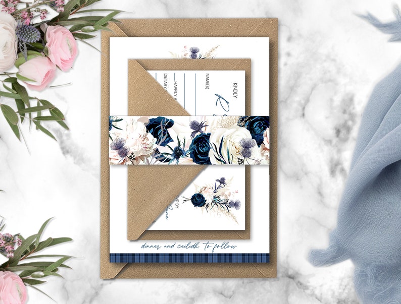 Wild Thistle Bouquet Scottish Wedding Invitations, Blue Tartan wedding invitation, Navy Blue wedding, elegant Wedding, Castle wedding image 3