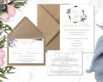 Modern Scottish Thistle wedding invitations, Tartan wedding invitation, Modern Scottish wedding, Purple wedding stationery, Geometric design