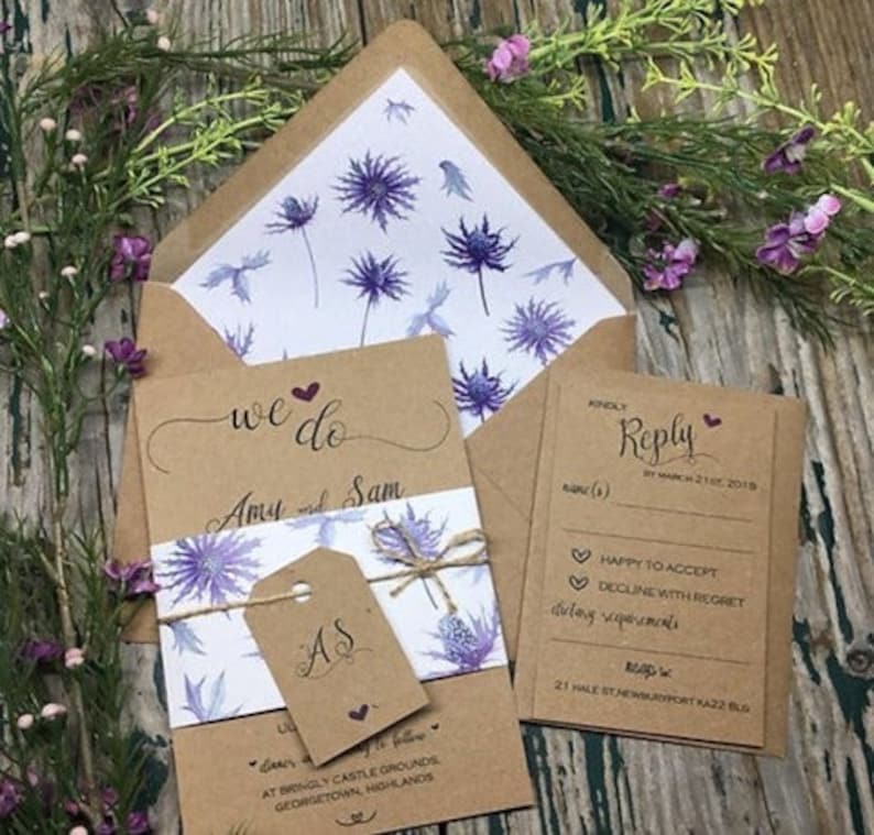 Abstract Purple thistle Scottish wedding invitations, Kraft wedding invitation, eco friendly wedding, thistle wedding invites, sustainable image 3