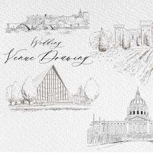 May include: A black and white line drawing illustration of four different wedding venues. The illustration includes a castle, a modern building, a church, and a city hall.