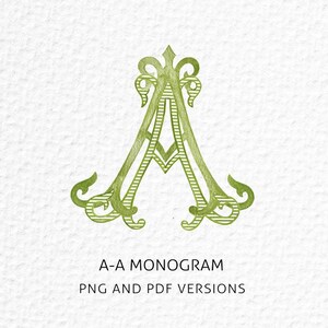 May include: A green monogram design featuring the letters "A-A" in an elegant, ornate style. The design includes decorative flourishes and is set against a textured white background. Text below reads "A-A MONOGRAM" and "PNG AND PDF VERSIONS."