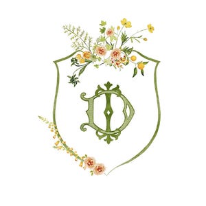 Orange and Yellow Flowers Watercolor Crest, Wild Flowers Crest with Monogram, Watercolor Wedding Crest, Vintage Wedding Monogram