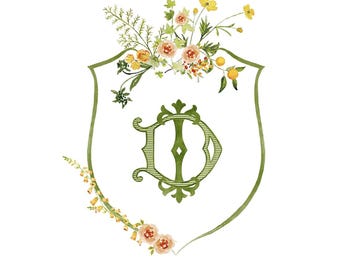 Orange and Yellow Flowers Watercolor Crest, Wild Flowers Crest with Monogram, Watercolor Wedding Crest, Vintage Wedding Monogram