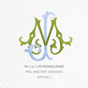 May include: Watercolor monogram design in green and light blue, featuring the letters M and J intertwined. The design includes decorative flourishes and the text "M-J or J-M MONOGRAM, PNG AND PDF VERSIONS, OPTION-1" on a white background.