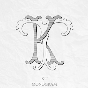 Könnte beinhalten: Ein schwarz-weißes Monogramm-Design mit den verschlungenen Buchstaben "K" und "T". Die Buchstaben sind mit verzierten Verzierungen und vertikalen Streifen versehen. Der Text "K-T MONOGRAMM" ist unten auf einem strukturierten, cremefarbenen Hintergrund gedruckt.