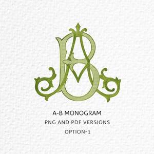 Op de afbeelding: Een groen A-B monogramontwerp met sierlijke versieringen. Het ontwerp bevat de tekst "A-B MONOGRAM" en "PNG AND PDF VERSIONS OPTION-1". Het monogram staat tegen een getextureerde witte achtergrond.