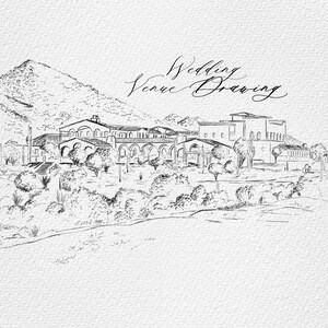 May include: A black and white line drawing of a wedding venue with a mountain in the background. The text "Wedding Venue Drawing" is written in cursive at the top of the image.