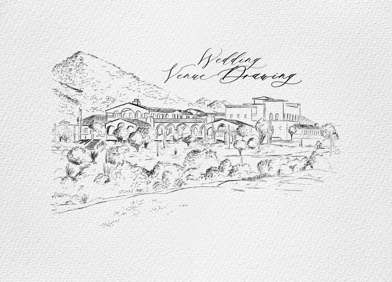 May include: A black and white line drawing of a wedding venue with a mountain in the background. The text "Wedding Venue Drawing" is written in cursive at the top of the image.