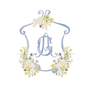 White Yellow Blue Flowers Wedding Crest, Watercolor Wedding Crest, Watercolor Wedding Floral Crest